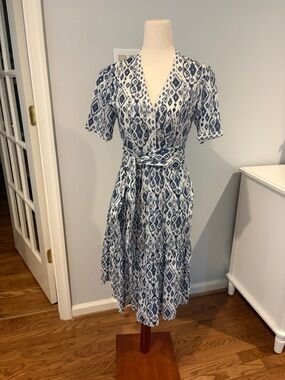 Gerard Darel Navy and White Ikat Wrap Midi Dress